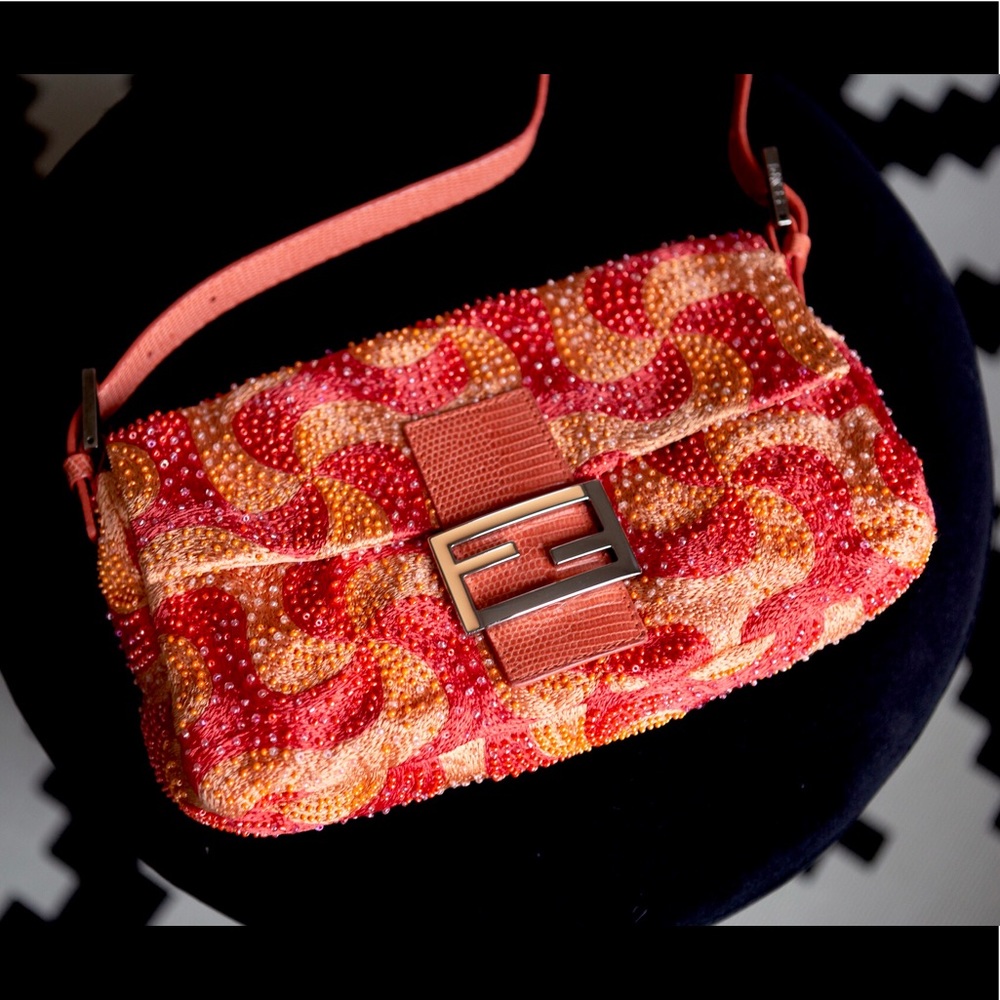 ‼️SOLD‼️Vtg FENDI BAGUETTE Mini Bag Karung trim beaded swirl ASO SATC